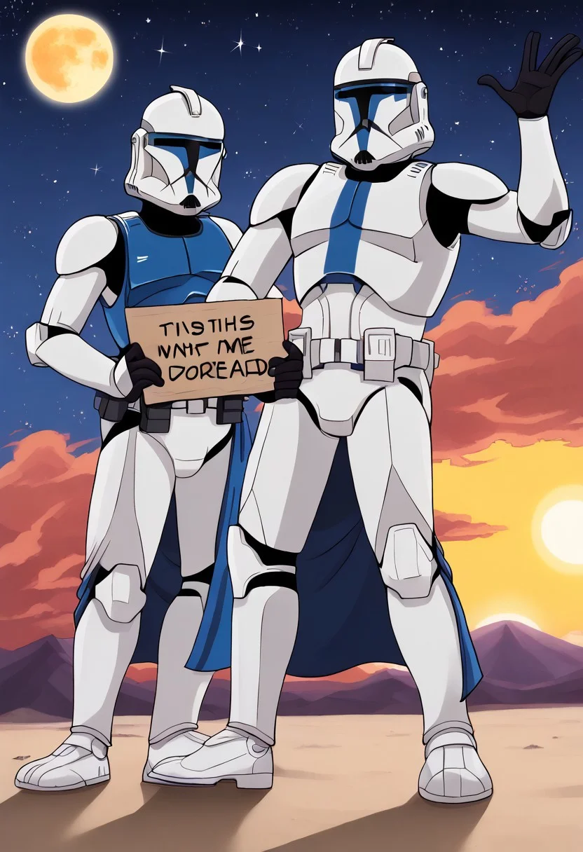 Clone trooper, masterpiece, moon surface, Stars, sun, Sign saying "BUZZ ME"