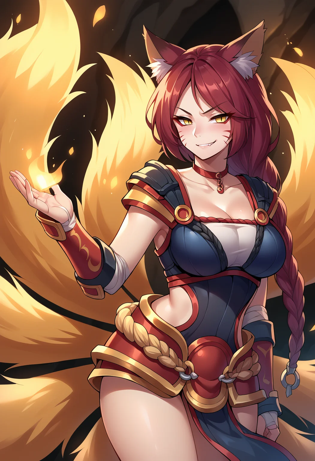 score_9,score_8_up, score_7_up, source_anime, ahrifxfir, slit pupils, animal ears, facial mark, fox tail, multiple tails, long hair, single braid, red hair, yellow eyes, large breasts, hair Ornament, choker, leotard, cleavage, vambraces, pauldrons, side cutout, belt, armor, cupping hand, flame, smirk, smug, half-closed eyes, grotto, cave, cowboy shot, hips, thighs, embers, cinders, <lora:Ahri_Foxfire_pdxl_Incrs_v1:1>