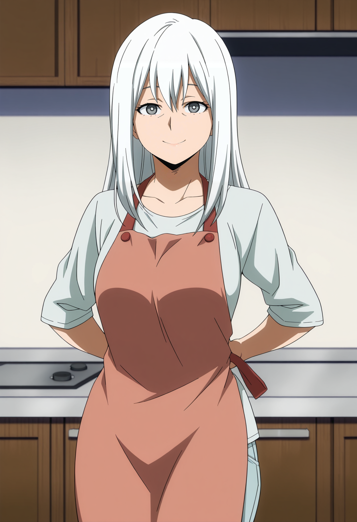 1girl,solo,mm,mature female,white hair,long hair,grey eyes,anime coloring,
shirt,pants,apron,tying apron, arms behind back, looking at viewer, smile,kitchen
,masterpiece,best quality,amazing quality,<lora:Rei_Todoroki-My_Hero_Academia:0.8>