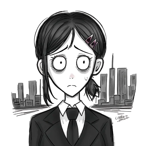 burtonesque, portrait, 1girl, white shirt, black necktie, suit, sad, cute, hairpins, city background, pencil drawing, detailed <lora:burtonesque2:0.75> <lora:kobeni_v10:0.8>