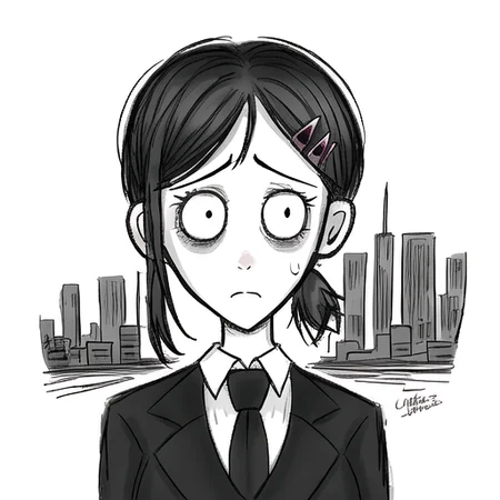 burtonesque, portrait, 1girl, white shirt, black necktie, suit, sad, cute, hairpins, city background, pencil drawing, detailed <lora:burtonesque2:0.75> <lora:kobeni_v10:0.8>
