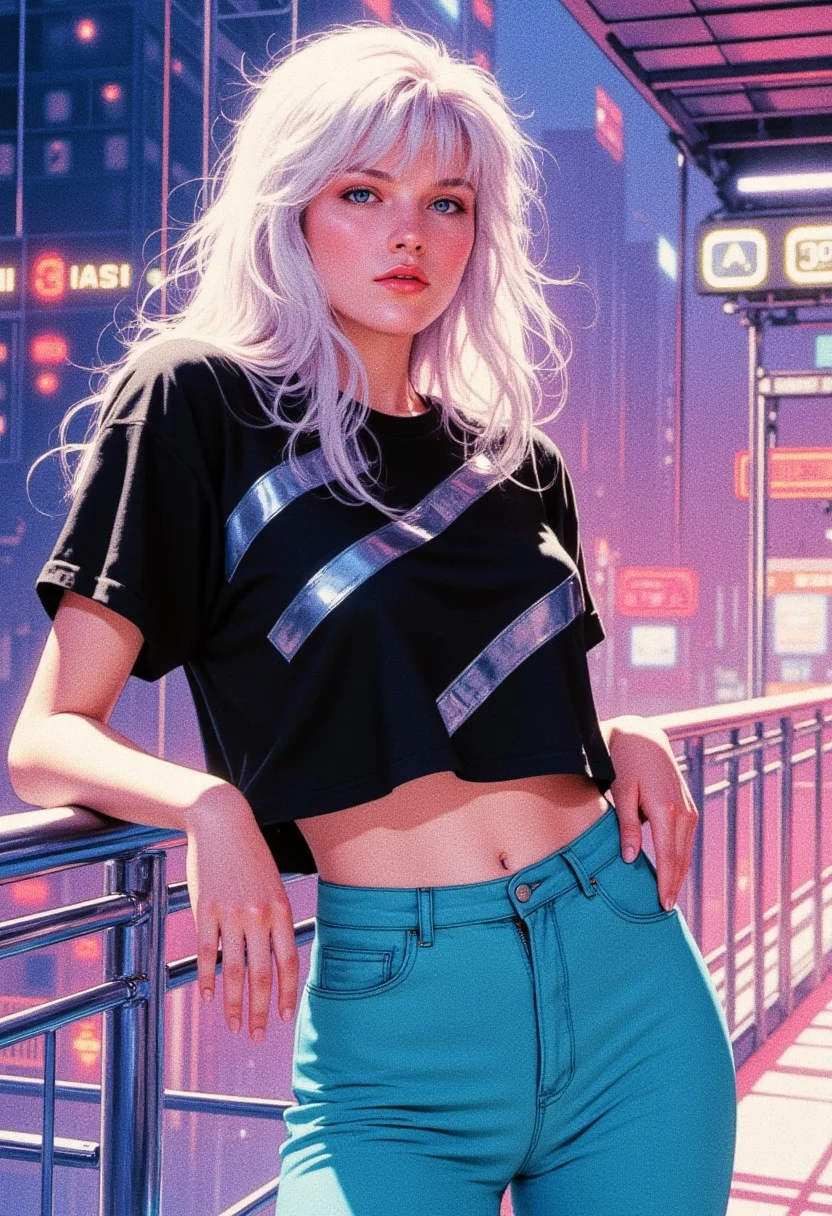 a futuristic digital painting, featuring a bratty woman with pale skin, leaning confidently with her back against a railing. her oversize tee is cropped, the black garment bold diagonal likes in silver. her high waisted leggings are plain cyan, highlighting her midriff and feminine shape. her long platinum hair is slightly messy and frames her face. her posture, hands resting on the railing and her languid expression, emphasize her nonchalant style.
the woman is realistic but the environment is surreal, made of minimalist line art, using fine lines and soft vivid hues. the image is overall bright and luminous with soft lighting.