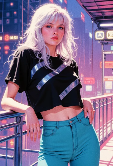 a futuristic digital painting, featuring a bratty woman with pale skin, leaning confidently with her back against a railing. her oversize tee is cropped, the black garment bold diagonal likes in silver. her high waisted leggings are plain cyan, highlighting her midriff and feminine shape. her long platinum hair is slightly messy and frames her face. her posture, hands resting on the railing and her languid expression, emphasize her nonchalant style.
the woman is realistic but the environment is surreal, made of minimalist line art, using fine lines and soft vivid hues. the image is overall bright and luminous with soft lighting.