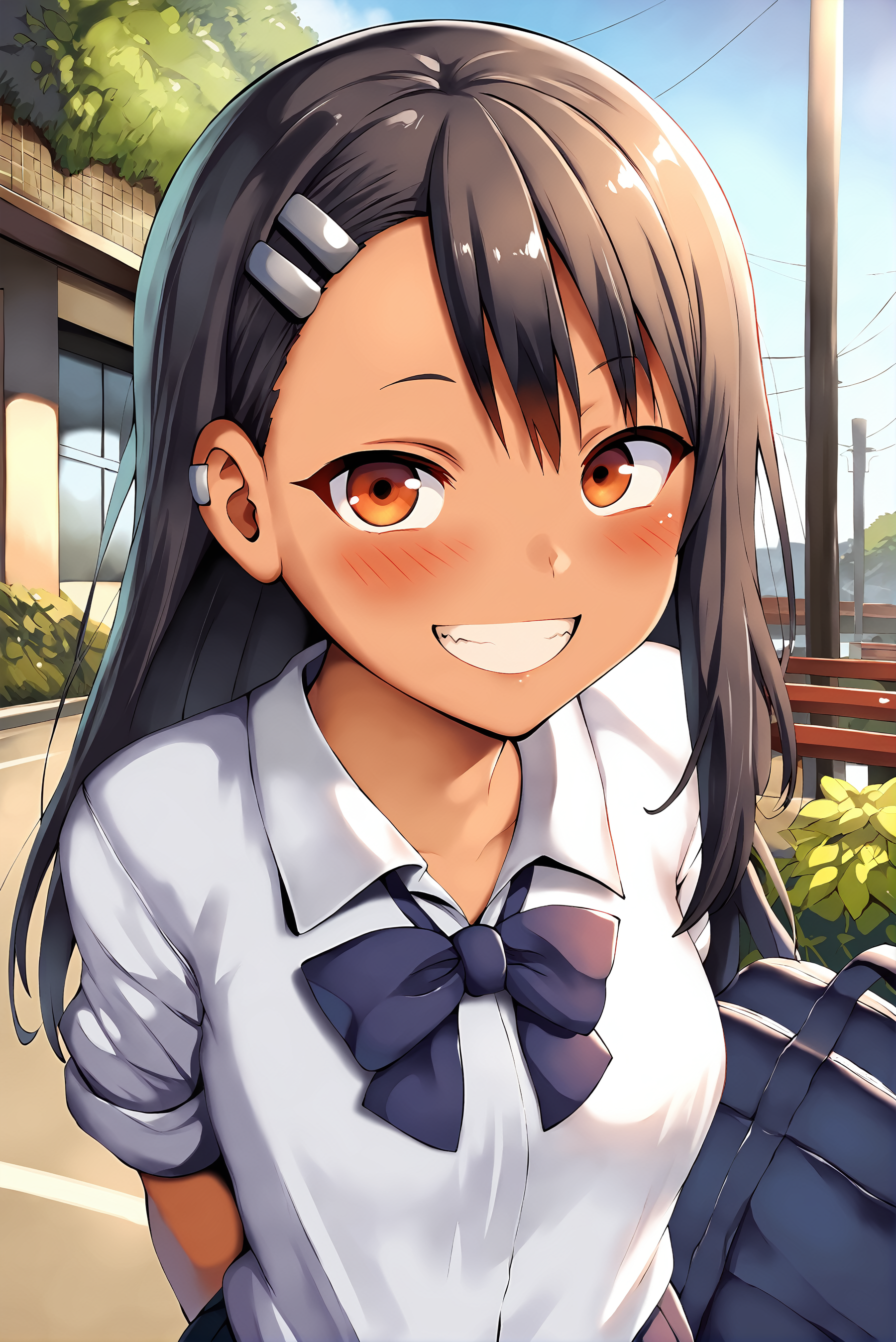score_9, 
nagatoro hayase, white shirt, pleated skirt, tan, 
standing, facing viewer, looking at viewer, arms behind back, smile, blush, cowboy shot, 
outdoors, school, 
<lora:belko_lite:1>, 
high resolution, Masterpiece