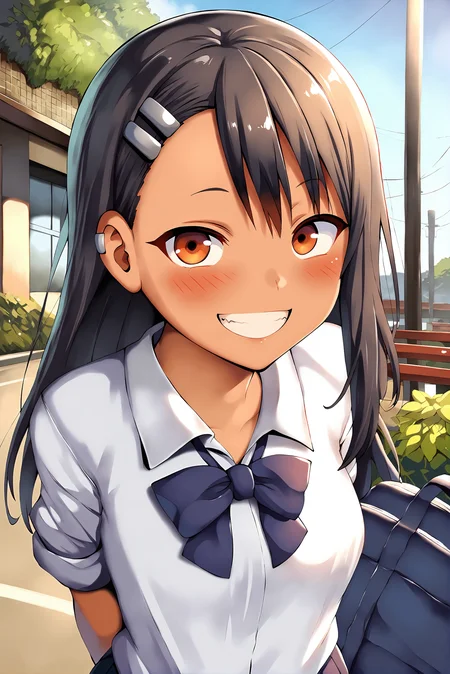score_9,
nagatoro hayase, white shirt, pleated skirt, tan,
standing, facing viewer, looking at viewer, arms behind back, smile, blush, cowboy shot,
outdoors, school,
<lora:belko_lite:1>,
high resolution, Masterpiece