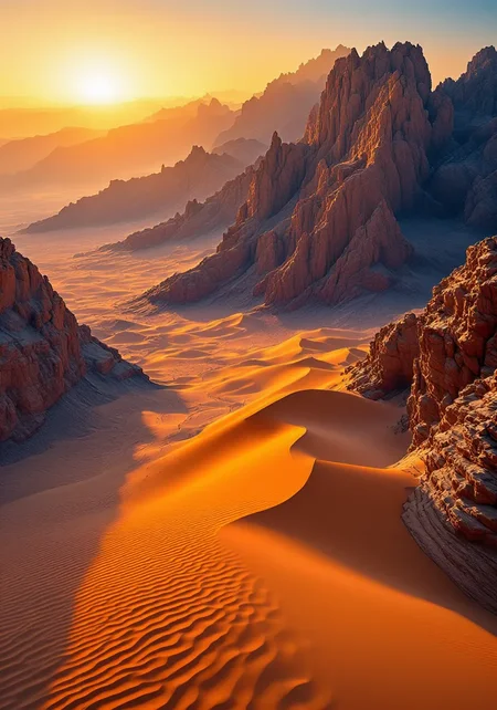 You are an assistant designed to generate superior images with the superior degree of image-text alignment based on textual prompts or user prompts. <Prompt Start> This expansive arid desert scene captures a rugged mountain range with vibrant, textured dunes through the lens of a high-resolution camera. The warm, dramatic low-angle view emphasizes intricate sand grain patterns and sharp, weathered rock formations bathed in an ethereal sunrise glow. A sweeping aerial perspective is enhanced by dynamic tracking shot elements, capturing detailed atmospheric haze and crisp natural gradients. Vivid warm hues highlight refined textures in 8k masterpiece quality, showcasing intricate rock striations and the luminous interplay of shadow and light. The cinematic spatial composition accentuates serene yet powerful natural elements, with bold, majestic environments enriched by evocative natural textures. This contemporary visual poetry presents engaging, expansive vistas that captivate viewers.