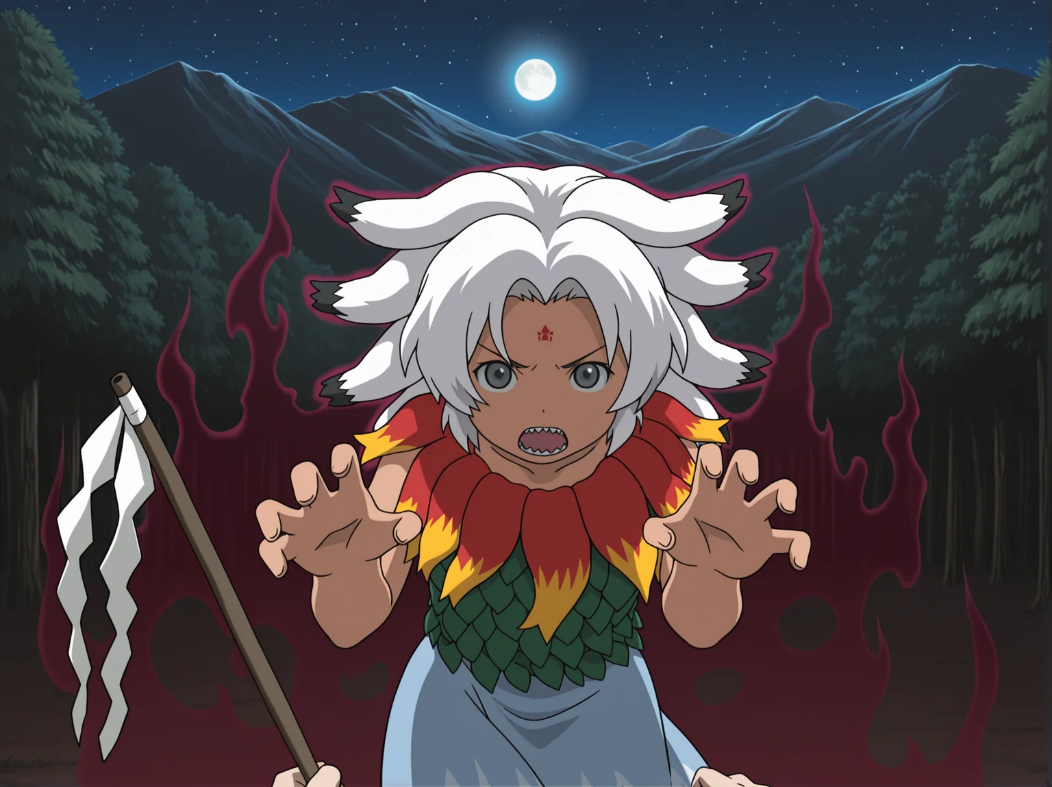 absurdres,highres,masterpiece,best quality,amazing quality,official anime artwork,outdoors,
1girl,solo,anime screencap,Kamichu2005 \(style\),
tan,open mouth,sharp teeth,
(foreshortening,lens flare abuse,Volumetric Lighting,reflection,Cinematic Lighting),leaning forward,
front view,((dark aura,horror \(theme\))),night,standing,dynamic pose,star \(sky\),forest,mountain,full moon,cowboy shot,looking at viewer,v-shaped eyebrows,floating hair,claw pose,reaching towards viewer,
BREAK <lora:Houjuu_Chimi_illuV01_b3g2plw1c1wd05_d32a16_lr1800y960_rvs:1>,
Houjuu_Chimi_TH20,white hair,short hair,floppy ears,extra ears,parted bangs,two-tone hair,ears up,grey eyes,forehead mark,red gradient fur collar,green leaf shirt,sleeveless shirt,blue skirt,
((pov hands, holding gohei)),