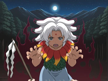 absurdres,highres,masterpiece,best quality,amazing quality,official anime artwork,outdoors,
1girl,solo,anime screencap,Kamichu2005 \(style\),
tan,open mouth,sharp teeth,
(foreshortening,lens flare abuse,Volumetric Lighting,reflection,Cinematic Lighting),leaning forward,
front view,((dark aura,horror \(theme\))),night,standing,dynamic pose,star \(sky\),forest,mountain,full moon,cowboy shot,looking at viewer,v-shaped eyebrows,floating hair,claw pose,reaching towards viewer,
BREAK <lora:Houjuu_Chimi_illuV01_b3g2plw1c1wd05_d32a16_lr1800y960_rvs:1>,
Houjuu_Chimi_TH20,white hair,short hair,floppy ears,extra ears,parted bangs,two-tone hair,ears up,grey eyes,forehead mark,red gradient fur collar,green leaf shirt,sleeveless shirt,blue skirt,
((pov hands, holding gohei)),