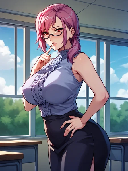 score_9, score_8_up, score_7_up, score_6_up, uncensored, anime,
Yamazaki Suzuko, A girl is standing, hand on own hip, finger to mouth, cowboy shot,
1girl, mature female,
looking at viewer, blush, parted lips,
pink hair, red eyes, low ponytail, under-rim eyewear,
sleeveless blouse, center frills, pencil skirt,
large breasts, thighs,
indoors, school, window, blue skies, day
<lora:Yamazaki Suzuko3216PDXL:1>
