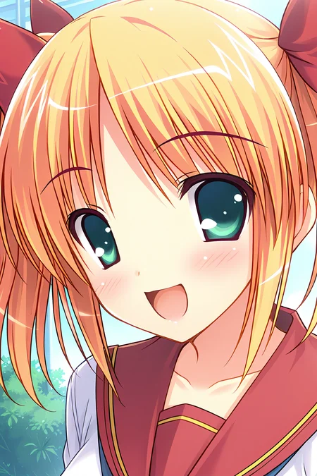 masterpiece, best quality, absurdres, official art, official style, rating general BREAK <lora:sakuraimomoka_IL_v1-1:0.7>, sakurai momoka, 1girl, solo, green eyes, blonde hair, short hair, short twintails, large breasts, hair bow, red bow, school uniform, serafuku, red sailor collar, blue necktie, white shirt, long sleeves, portrait, close-up, outdoors,
blush, :d, looking at viewer, open mouth, smile