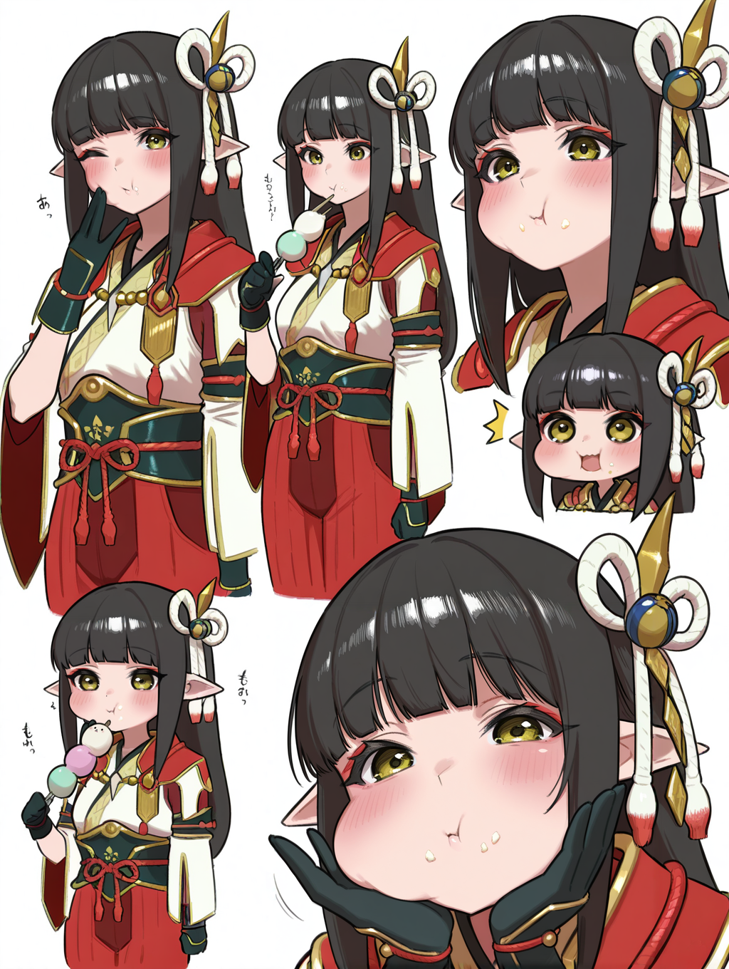 hinoa,1girl,holding sanshoku dango,open mouth,multiple views,one eye closed,blush,red eyeliner,looking at viewer,sidelocks,white background,simple background,closed mouth,white japanese clothes,black partially fingerless gloves,red hakama skirt,sanshoku dango,side hair ornament,4 finger hands,cropped torso,chibi,puffy cheeks,eatting, ^^^, food on face, 
masterpiece,best quality,amazing quality,very aesthetic,absurdres,newest,<lora:Minoto and Hinoa illuXL v1.1:0.8>,