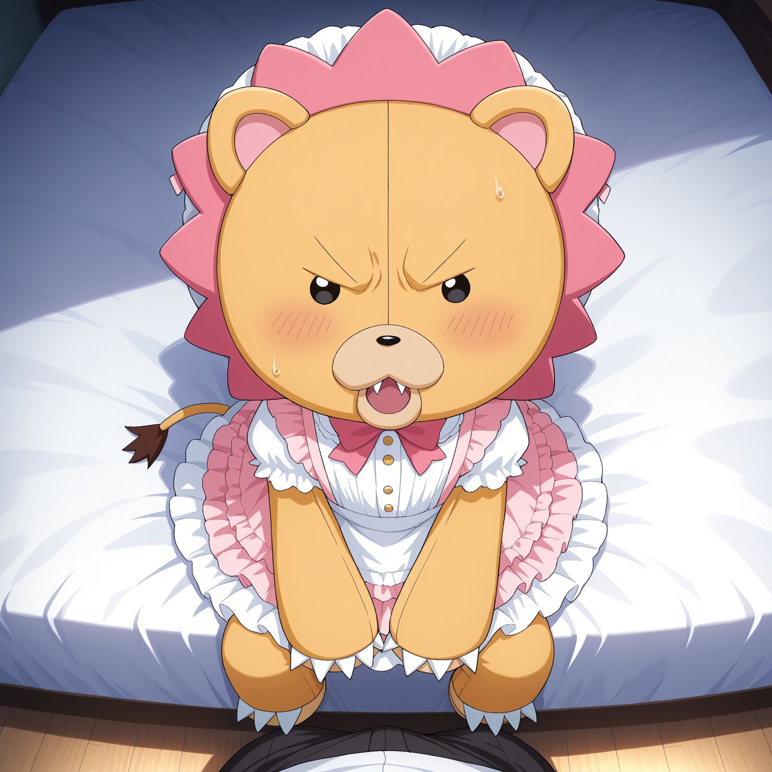 2d, 1boy, male, Kon, no sclera, dot eyes, black eyes, yellow body, Lion, animal ears, pink inner ears, tail, stuffed animal, plush body, claws, toe claws, black nose, 

BREAK from above, looking up at viewer, embarrased, blushing, angry, sweat droplet, sitting, on bed, bedroom, pretty dress, bonnet, bow

BREAK best quality, amazing quality, very aesthetic, absurdres, newest, masterpiece, high quality