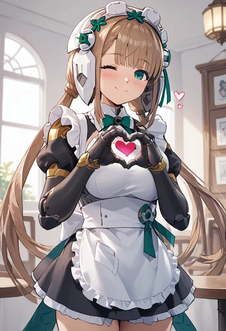 score_4,score_5,score_6,score_7_up,score_8_up,score_9 ((masterpiece,best quality,ultra detailed,highres,HD,4k:1.2)),
1girl, solo,solo focus,girl focus,face focus,
robo girl,android,robot joints,
very long hair,brown hair,low twintails,bangs,green eyes,head gear,head ornament,helmet,large breasts,
((Maid outfit,Sleeveless, maid headband, frilly apron,Short sleeves, short skirt, thighs:1.1)),
inside the cafe, ((Make a heart symbol with both hands, heart with both hands,heart hands,heart symbol,heart,heart effect,)),
blush,shy,smile,((wink,closed one eye)),