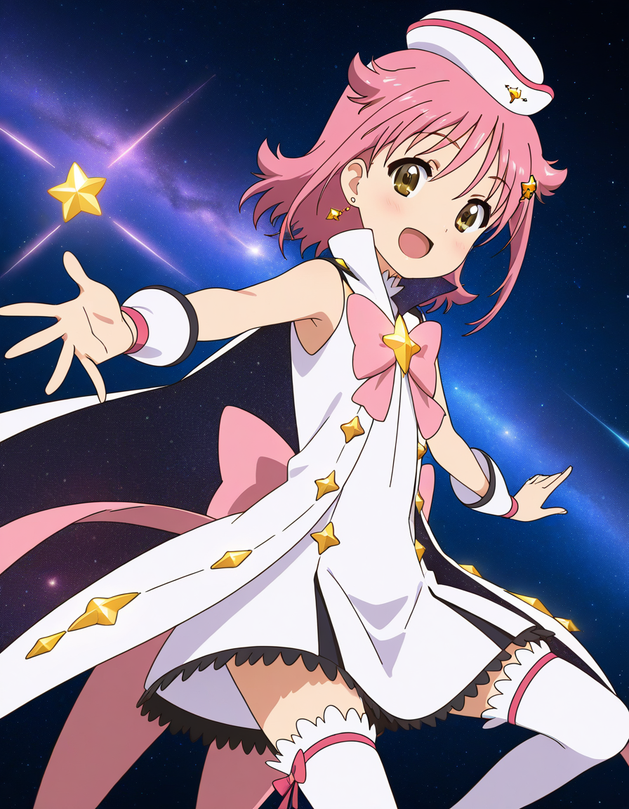 general,highres, ultra-detailed,very aesthetic,best quality ,best hands,  BREAK <lora:Subaru_Houkago_no_Pleiades_IS:1>subaru(Pleiades), 1girl, pink hair, short hair, brown eyes, star hair ornament, anime coloring,
 thighhighs, pink bow, hat, bow, solo, smile, jewelry, open mouth, earrings, star (symbol), space, dress, magical girl, :d, white thighhighs, cape, looking at viewer, star (sky), cosplay,