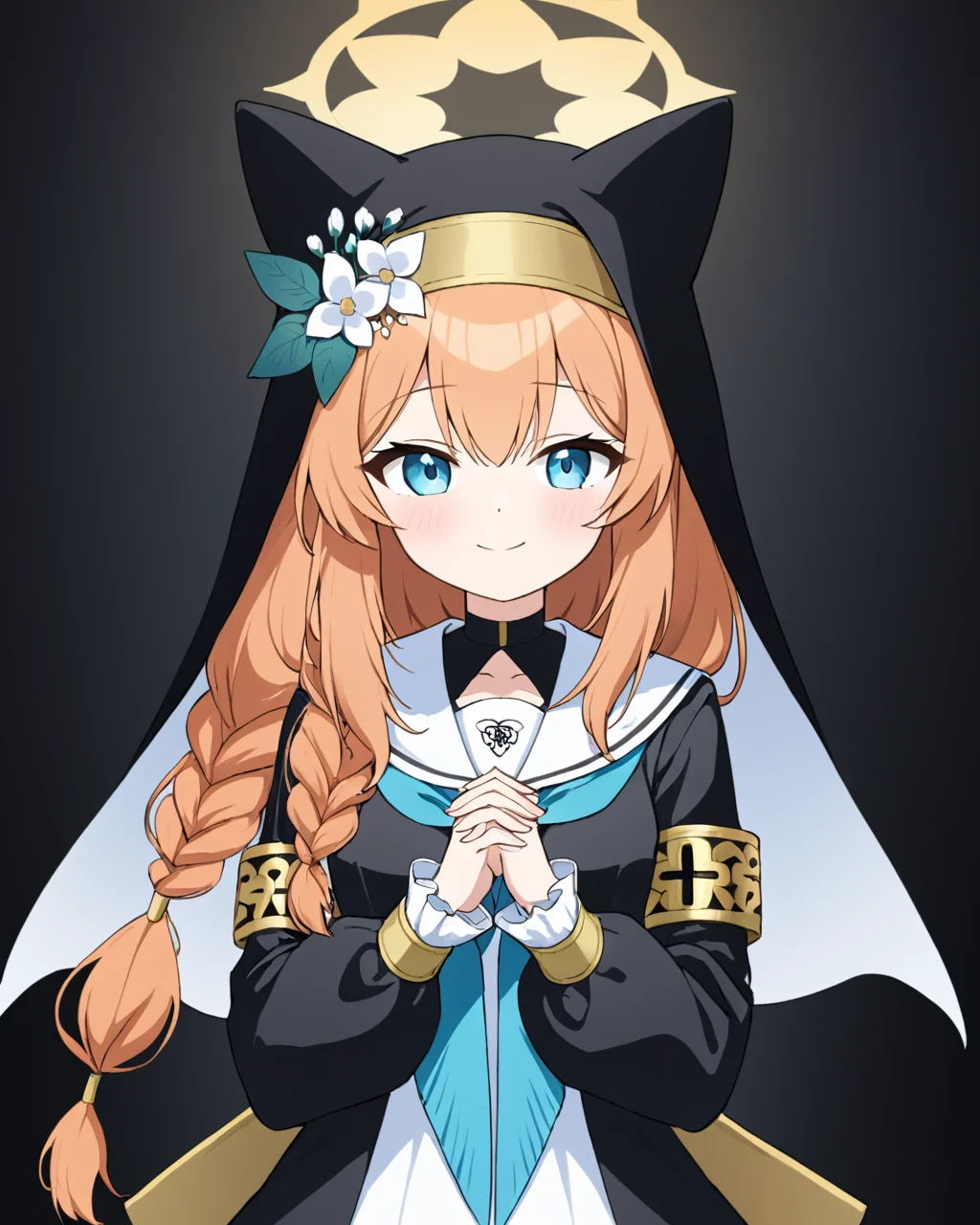 mari \(blue archive\),1girl, solo, halo, nun, animal_ear_headwear, long_sleeves, single_braid, looking_at_viewer, habit, hat_flower, smile, blush, white_flower, own_hands_together, dress, blue_neckerchief, frills, steepled_fingers, parted_lips, white_sailor_collar
<lora:mari_(blue_archive)_image2498_2023-11-28-000008:1>halo. gorgeous,key visual, vibrant, studio anime,award-winning, professional, highly detailed,high budget, cinemascope