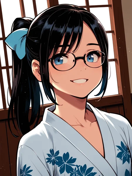 <lora:happy_tentacle-halloweengirl-v0.1-000045:1>, ht_halloweengirl, flat chest, black hair, blue eyes, yukata, ponytail, hair bow, glasses , indoors, 1girl, solo, portrait , , ( smile :1), , looking away , standing , facing viewer , score_9, score_8_up, score_7_up, score_6_up, score_5_up, score_4_up
