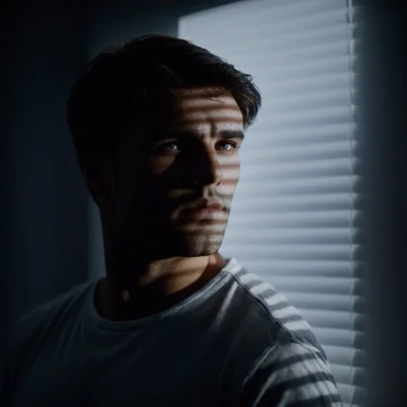 cinematic film still of  <lora:casting shadow style:1>
 <lora:Chiaroscuro Lighting Style:1>
 <lora:eyetune:1>
A cucoloris patterned illumination casting a shadow on a man standing in front of a window with a shadow on it,solo,1boy,monochrome,upper body,greyscale,male focus,profile,cinematic,film,filmic,casting shadow,venetian blinds casting shadow light,shadow on face,face partially covered in shadow,different shadow,window casting shadow light,cinematography,detailed,detailed background,detailed face,high quality,8k,cuculoris,kookaloris,cookaloris or cucalorus,light modifier,different light pattern,creative light,unique shadow , casting shadow style, shallow depth of field, vignette, highly detailed, high budget, bokeh, cinemascope, moody, epic, gorgeous, film grain, grainy