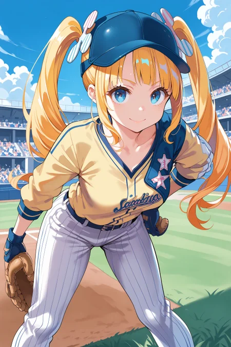 score_max, (score_9, score_8_up, score_7_up:1.2), score_6_up, official art,
, masterpiece, absurdres, high detail, 8k,
baseball stadium, grass, blue sky, ball,
standing, legs apart, bent over, baseball mitt, light smile,
solo, kokoa, twintails, hair ornament, baseball helmet, yellow shirt, long sleeves, pants,
<lora:XL_Pony_MGCM-kokoa-t2:1.2>