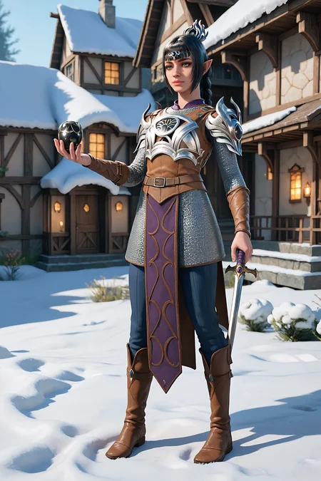 5h4rt, cl3r1c, trompe-l'Åil, full body, holding something, snow-covered village, score_9, score_8_up, score_7_up, 1girl, solo, <lora:5h4rt:1.0>