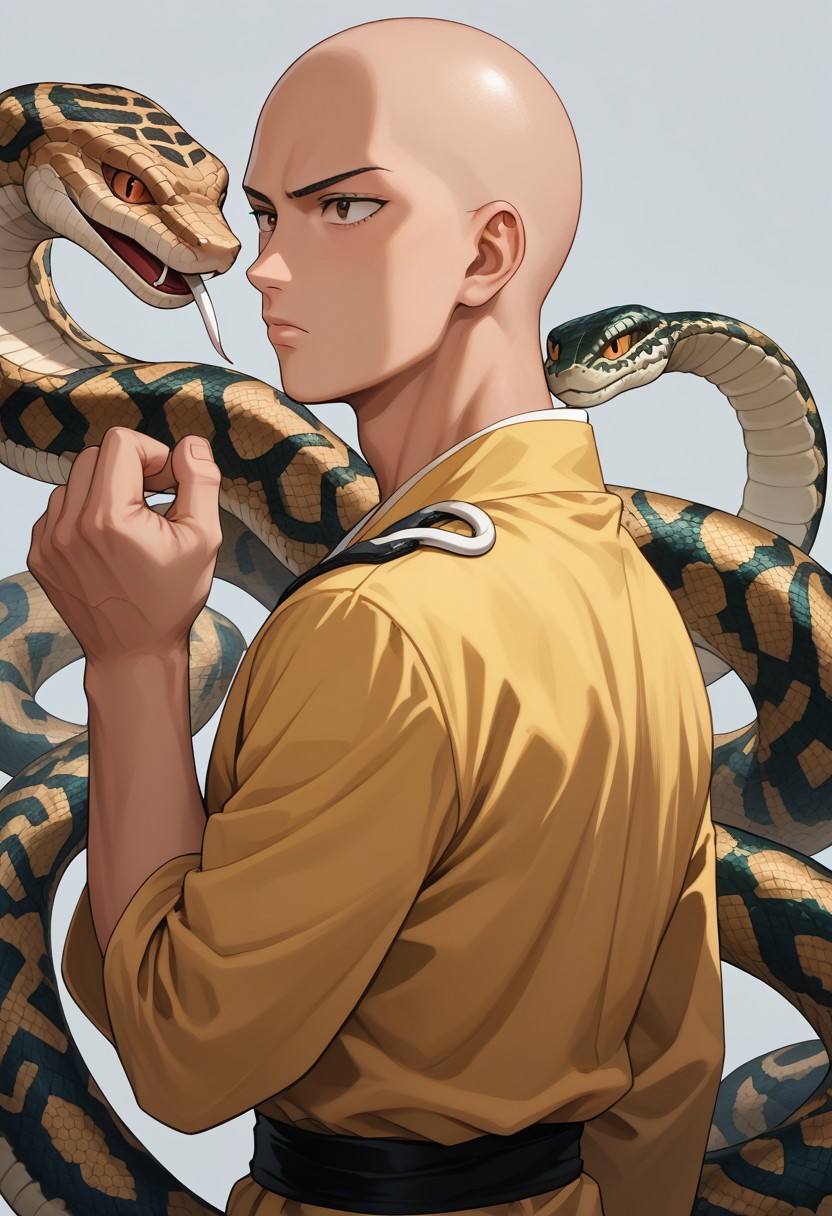 score_9,score_8_up,score_7_up,score_6_up,score_5_up,source_anime, back view,1man, saitama, bald, brown eyes 30yo, standing, one hand ready to strike , clenched fist, bored, snake, snake on shoulders,