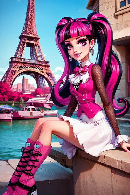 score_9, score_8_up, score_8, medium breasts, (curvy), cute, eyelashes, BREAK, , zzDraculaura, solo, twintails, multiclored hair, pink hair, black hair, pink eyes, pointy ears, earrings, fishnet sleeves, frilled sleeves, long sleeves, blunt bangs, monster high, pink vest, white skirt, pink knee boots, <lora:Draculaura_MH_PDXL_v5:1.0>, , BREAK, zzEiffelTower in background, sitting, watercraft, boat, sitting on wall, side view, looking at viewer, smile, ,,, BREAK, blooming stars, luminescent petals, otherworldly fragrance blurry background, ,,, embedding:zPDXL, Expressiveh, ,,, <lora:EiffelTowerPDXL:1.0>, <lora:CatalystStylePDXL:0.6>, <lora:SDXLFaeTastic2400:0.5>, <lora:Expressive_H-000001:0.4>,