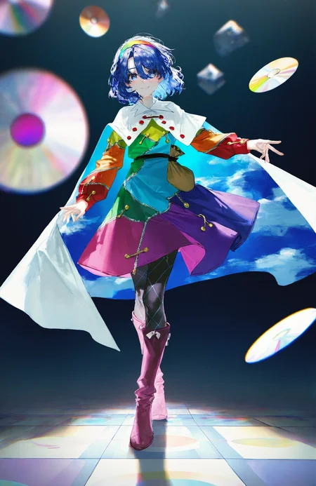 tenkyuu_chimata, 1girl ,rella, quasarcake:0.7, rolua, optical illusion, negative space, saturday_night_fever,blue_hair, breasts, cape, hairband , looking_at_viewer ,multicolored_hairband, pantyhose, purple_eyes ,short_hair ,smile, solo, sweat ,white_cape, disc, disco,CDs, dance_floor, dancing,wide shot,
<lora:illustrious_noobai_epsilon_pred_1_best_quality_v1:0.7> ,<lora:illustrious_noobai_epsilon_pred_1_masterpieces_v1:0.7>, <lora:ponyv4_noob1_2_adamW:0.5>, <lora:add_details_xl:0.7>, <lora:CDs_SDXL:1>,
masterpiece, best quality, amazing quality, very aesthetic, absurdres, newest,