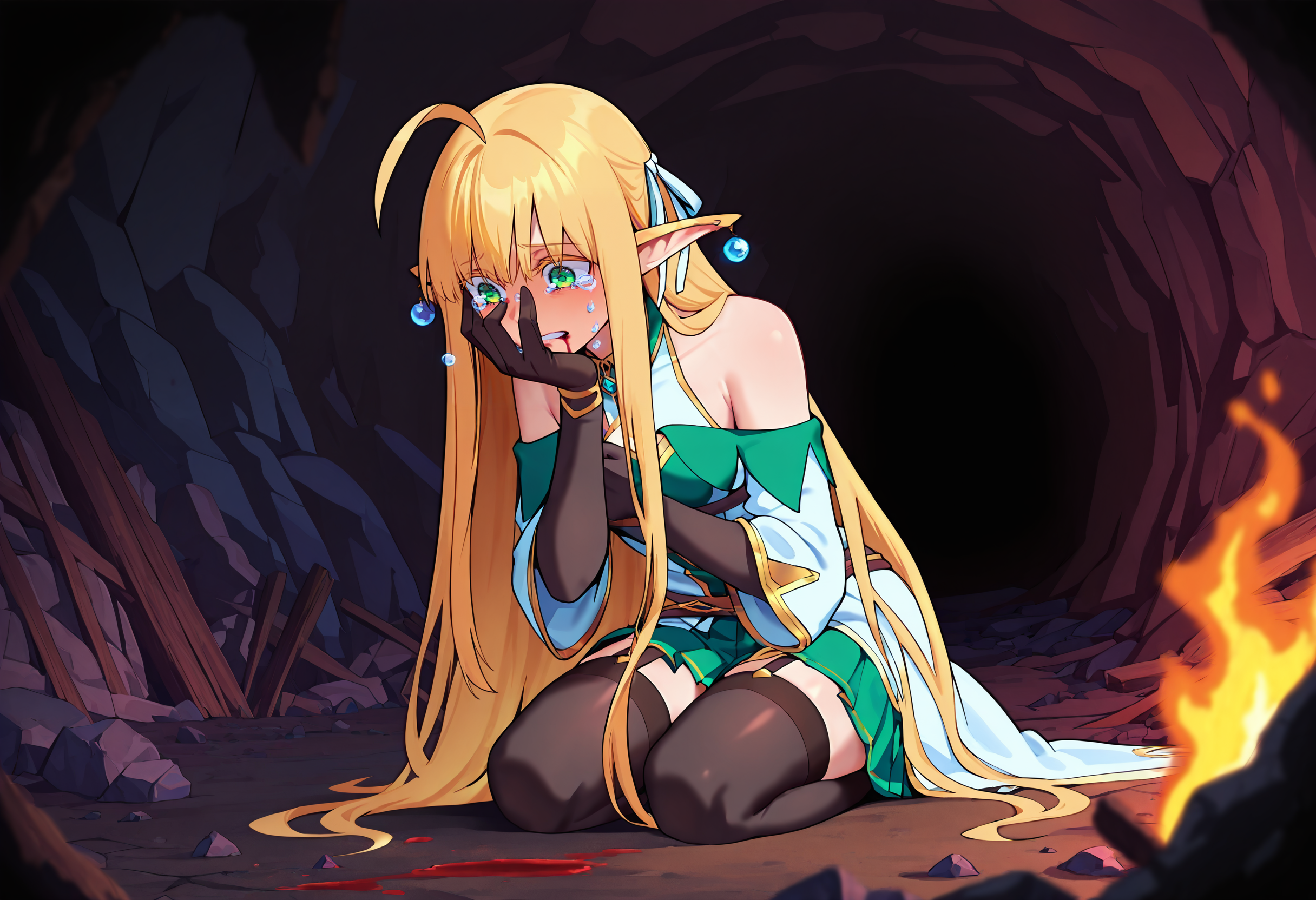 masterpiece, best quality, amazing quality, very aesthetic, absurdres, newest, 1girl, solo girl, dark cave, rubble, stones, blood, kneeling, torch on ground, tears on ground, close up, small puddle on ground,     <lora:add-detail-xl:2> <lora:DarkerThanBlackIllustrious:1>
BREAK <lora:Tia_Lunaritia_r1:0.8> Tia, elf, blonde hair, long hair, ahoge, big eyes, pointy ears, green eyes, colored eyelashes, hair ribbon, earrings, small breasts, hand on face, sobbing, big tears falling on ground, teary eyes, 
BREAK skirt, garter straps, detatched sleeves, bare shoulders, gloves, thighhighs, dead body off screen, 
masterpiece, best quality, amazing quality, very aesthetic, absurdres, newest