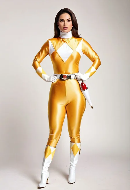 yellow power ranger, uniform, shiny voluminous glossy smooth straight rich side-parted side-parting sideswept large big bob-haircut, yellow catsuit, white turtleneck collar, white gloves boots belt, red holstered weapon, short 29-year-old buxom chunky busty curvy British Caucasian extremely-dark-haired rosy-complexion brunette with serious determined facial expression, narrow waist, squared to camera, squaring up to camera, both arms straight relaxed down by sides, big brown eyes, round face, ultra-realistic photo, enormous breasts, huge butt, wide hips, hourglass figure, cameltoe, wide shot showing entire body, sharp focus, plain background