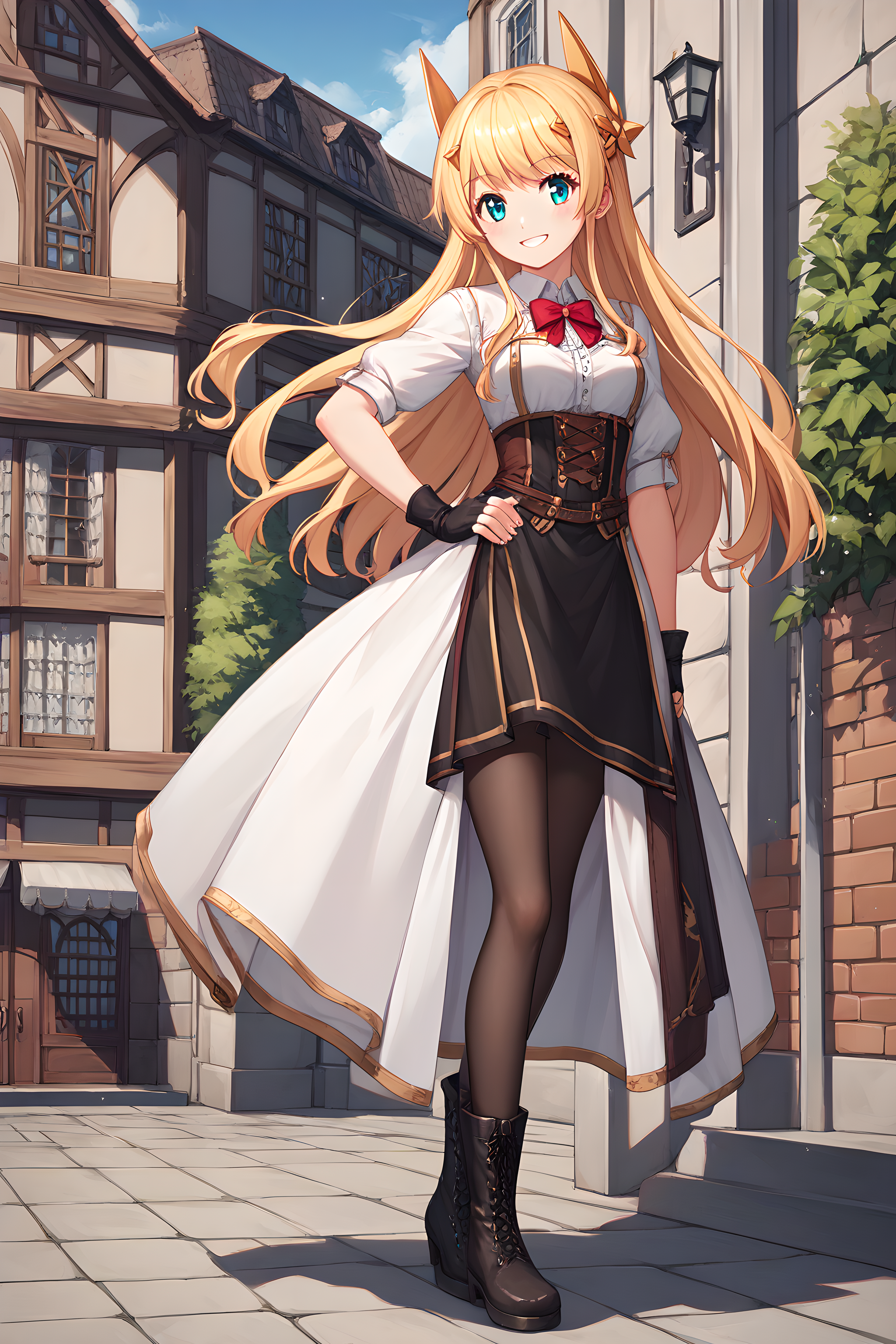 score_9, score_8_up, score_7_up, score_6_up, source_anime, tachibana_hinata, 1girl, blonde hair, solo, long hair, gloves, smile, blue eyes, fingerless gloves, boots, pantyhose, dress, black pantyhose, full body, hand on hip, red bow, black gloves , medieval city background, <lora:Pony-XL-TachibanaHinata:1>