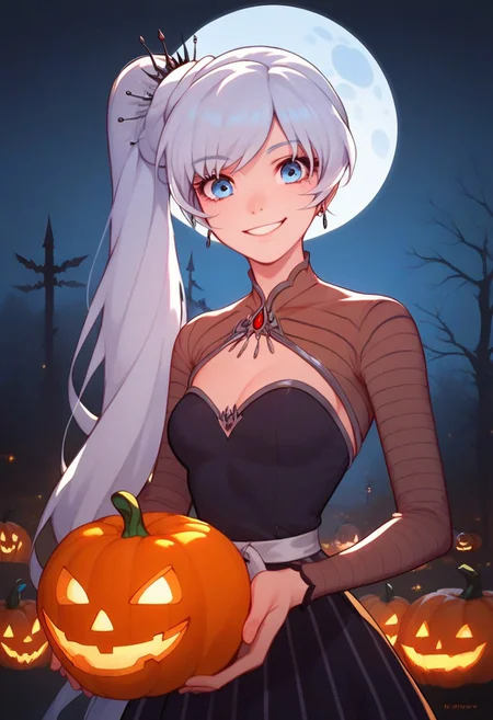score_9, score_8_up, score_7_up, score_6_up, WeissSchnee, 1girl, solo, white hair, blue eyes, long hair, side ponytail,
Striped dress, black dress, orange dress, holding halloween pumpkin, scary face painting, smiling, spooky background, outdoors, moon