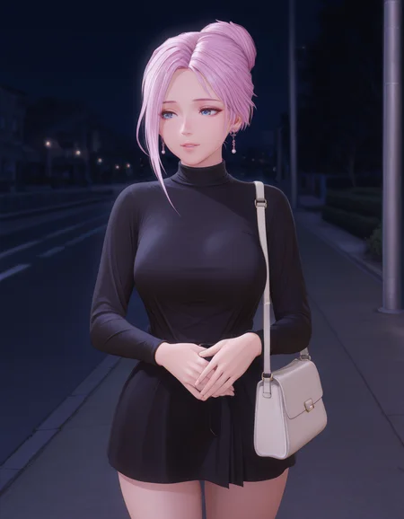 turtleneck, shoulder bag, night, street, standing, cowboy shot, love gaze, parted lips, light smile <lora:Elise_vvp_lcd_v0.4:1> elivevvplcd, blue eyes, asymmetrical hair, hair bun, earrings,
masterpiece, best quality, amazing quality,