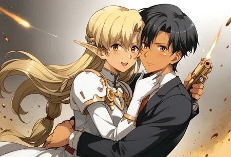 masterpiece, best quality, high quality, aesthetic, absurdres, insanely detailed, 1girl,  <lora:sonia_p_v1.5>,pointy ears,dark-skinned female, Dark skin, Dark elf,,blonde hair, medium breasts, long hair, 1boy, holding gun, red eyes, blonde hair, black hair, gloves, aiming at viewer, handgun, braid, open mouth, long hair, formal, short hair, blue eyes, hug, white gloves, blush, hetero, holding, suit, looking at viewer, happy, smiling, revolver, white dress, couple, hands on own chest, ,  frills, long sleeves, serious, upper body, finger on trigger, firing, bullet hole, half updo, foreshortening, <lora:chuo-higashi-guchi-style-xl_v1.0:1>