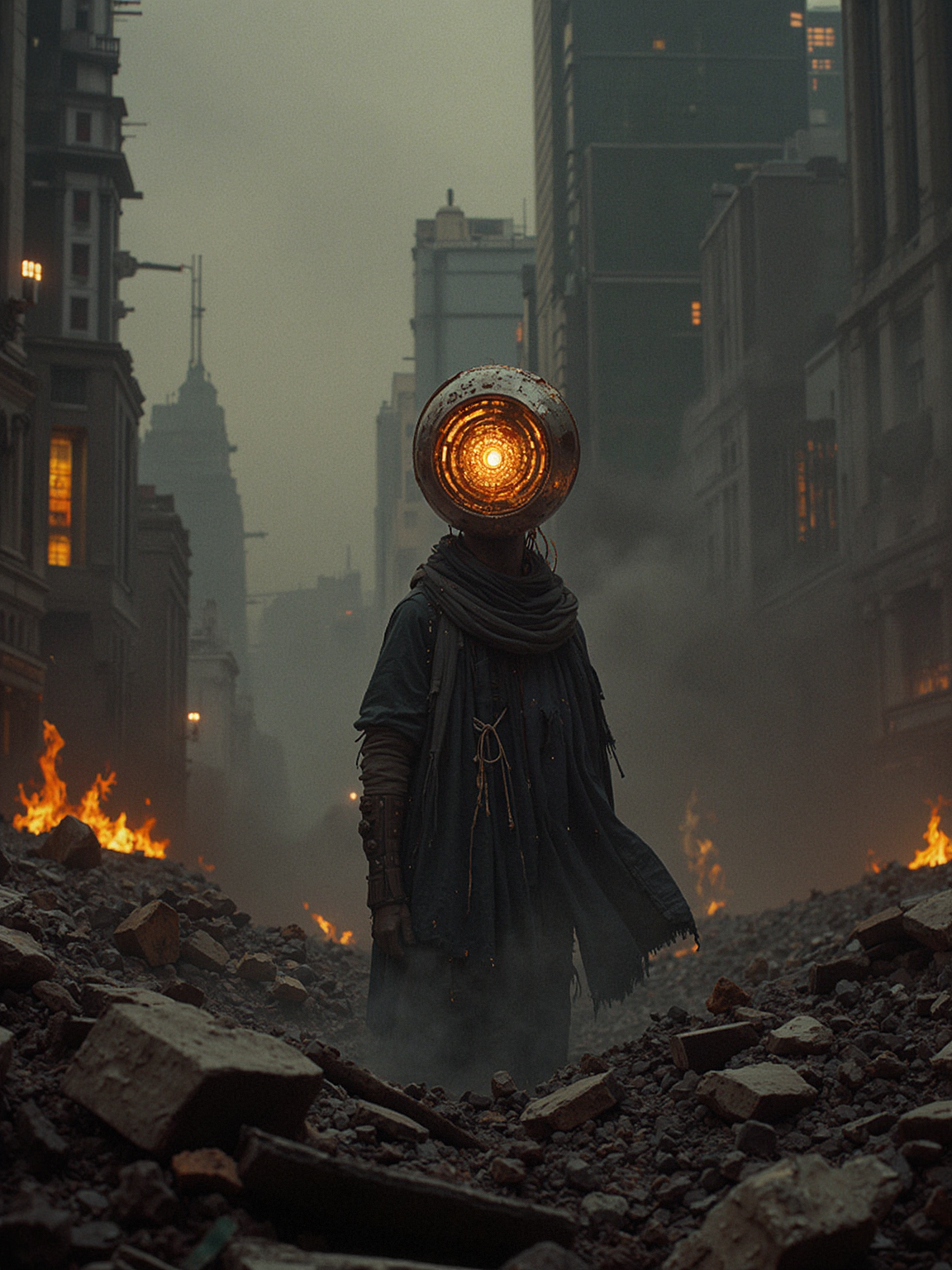 In a desolate, apocalyptic cityscape, a lone figure stands amidst a sea of destruction, their face a hollow shell with an unsettling, spiraling vortex where their eyes should be. The air is thick with the acrid smell of smoke and ash as flames dance around them, casting flickering shadows across their pale skin. Despite the inferno raging around them, they remain frozen, their gaze fixed intently on the viewer as if pleading for help or seeking answers to unspoken questions. Soft, fractal-like embers swirl around their head, casting a warm glow over the dark, gritty, <lora:Flux_Turbo_Alpha.safetensors:1.0> <lora:ck-nc-cyberpunk-V2-000013.safetensors:0.7> A digital artwork in the style of cknc <lora:flux.1_lora_flyway_Epic-detail_v2.safetensors:0.4> epic gorgeous details