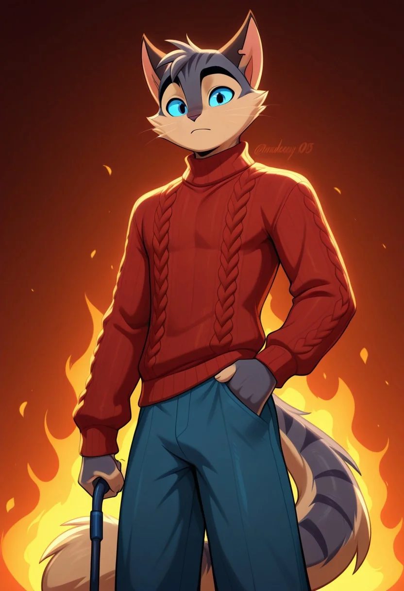 incredible quality, shiny skin, high quality, highres,rocky rickaby, furry, furry male, cat, 1boy, solo, male focus, sweater, furry, tail, furry male, animal ears, pants, blue eyes, looking at viewer, fire, holding, standing, artist name, cable knit, watermark