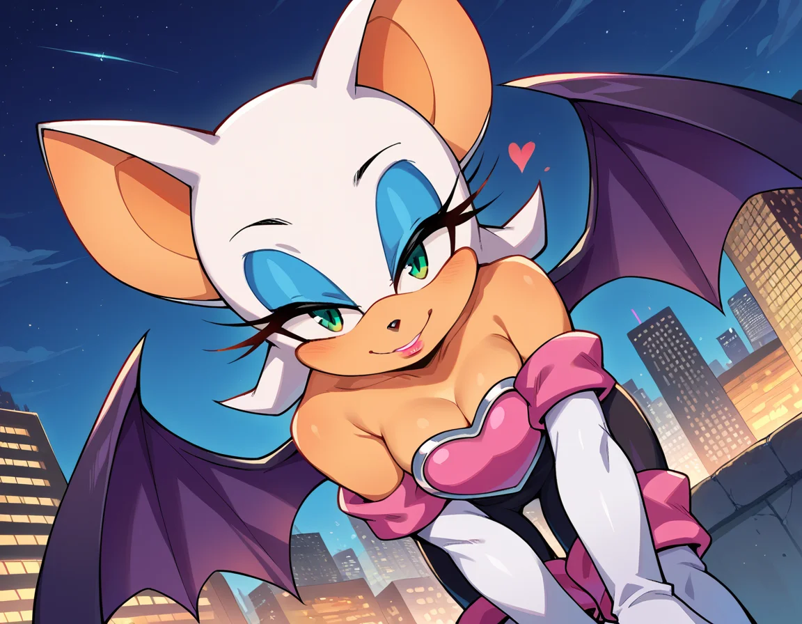 score_9, score_8_up, score_7_up, source_anime,
rougethebat, <lora:rouge-the-bat-ponyxl-lora-nochekaiser:1>
rouge, animal ears, bat ears, bat girl, bat tail, bat wings, eyeliner, furry, furry female, green eyes, makeup, tail, white hair, wings, eyeshadow,
bare shoulders, boots, elbow gloves, gloves, heart, knee boots, white footwear, white gloves,
outdoors, cityscape, night, smile, bent over,
looking at viewer, cowboy shot, dutch angle, solo,