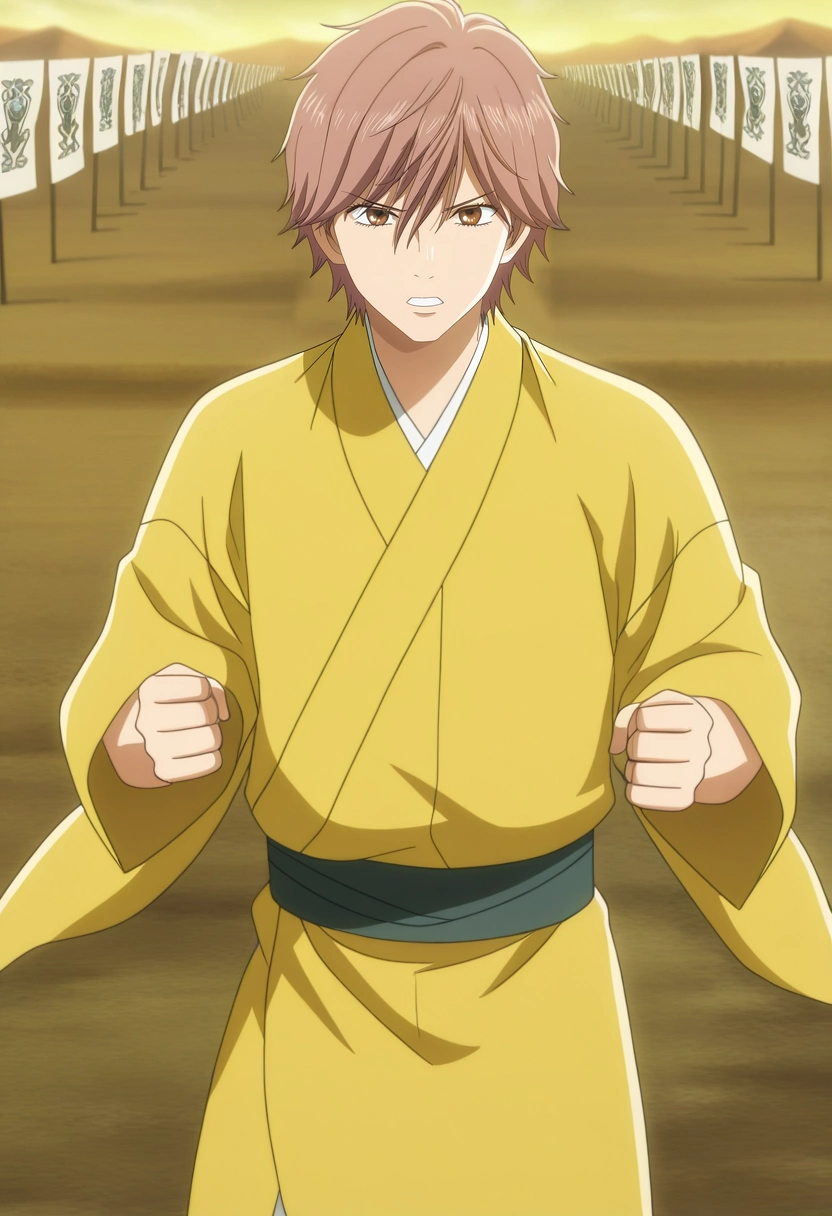 masterpiece, best quality, anime screencap, official style, anime coloring, cowboy shot, 1boy, solo, male focus, <lora:taichi_mashima_ilxl:0.92>, taichi_mashima, brown hair, brown eyes, short hair, bangs, hair between eyes, yellow kimono, ancient battlefield, clashing armies, raised banners, charging horses, fierce pose, determined expression, dusty horizon,