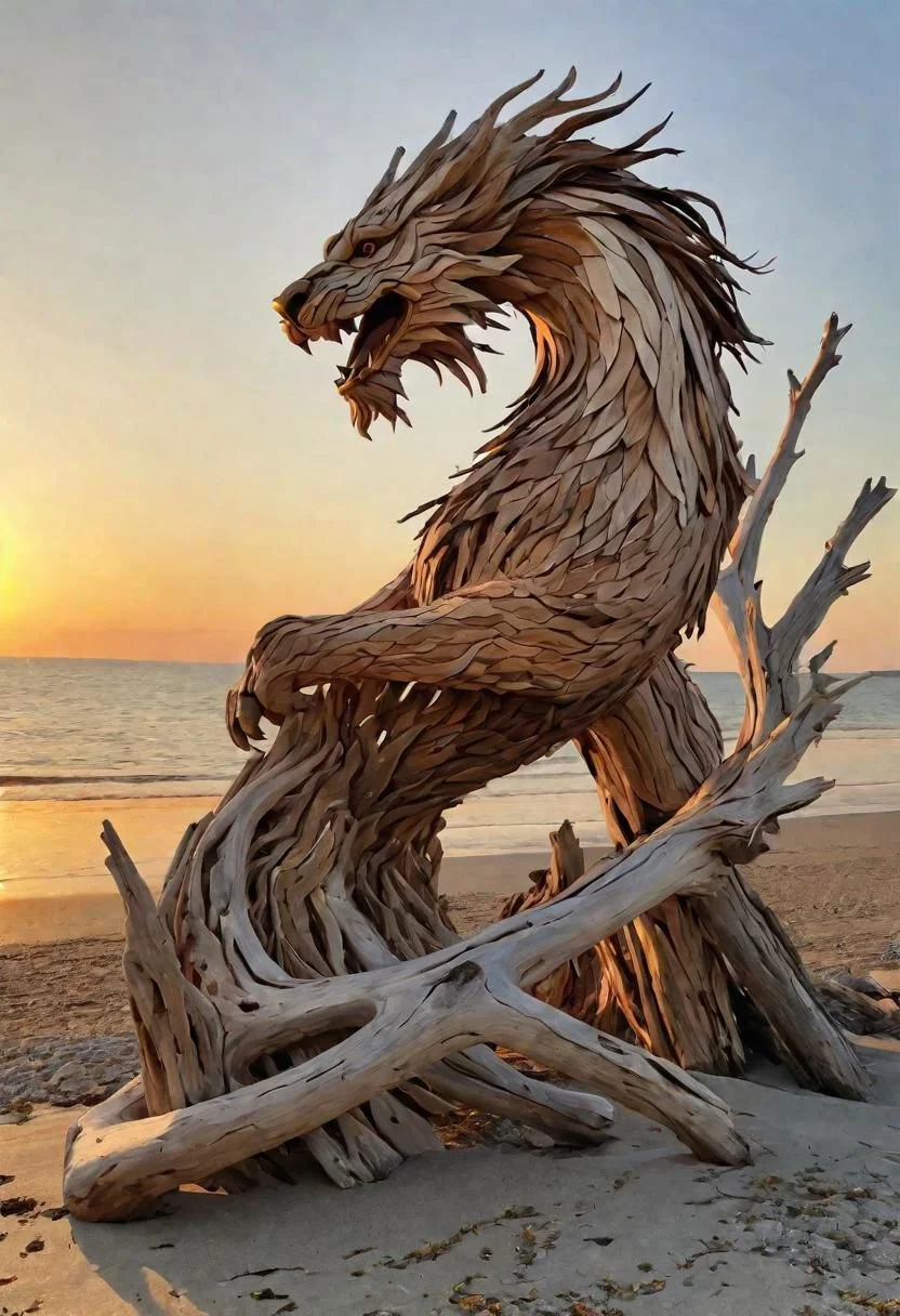quite cahotic sculture of drift wood pieces composing all together an overall shape somilar to an undefinite lion (like dragon of Vaia), on the shore, at the sunset, photorealistic