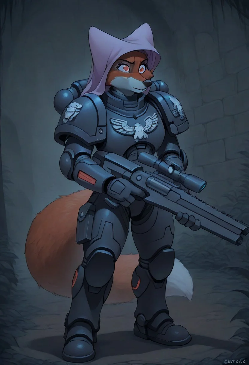 masterpiece, best quality, amazing quality, absurdres, Maid_Marian, solo, red fur skin, red eyes, fox tail, furry, fox, 4 fingers, edgRG, solo, weapon, holding weapon, armor, gun, glowing, sniper rifle, wearing edgRG_(power armor), pauldrons, raven emblem,