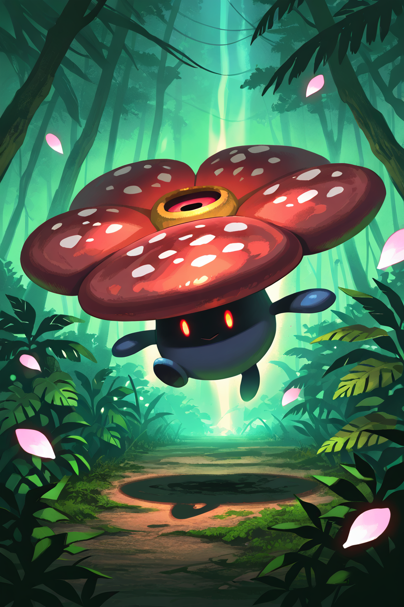 masterpiece, best quality,   Vileplume, solo, no humans, <lora:VileplumePokedexIXL:1.0>,   fierce expression, battle stance, glowing red eyes, dense jungle, toxic atmosphere, scattering spores, glowing petals, dynamic pose, cinematic lighting, intense action, ominous energy, powerful presence