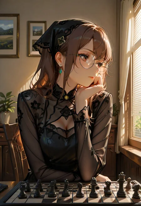 score_9, score_8_up, score_7_up, 1girl, solo, long hair, brown hair, glasses, chessboard, intellectual, focused expression, black sheer dress, floral pattern, detailed embroidery, seated, professional setting, concentration, thoughtful pose, competitive, background blur, chess pieces, earrings, headscarf, subtle makeup, high-quality, elegant style, indoor, soft lighting, feminine, intelligence, strategy, game of chess, black dress, board game, looking at chessboard, intricate design, sophisticated atmosphere