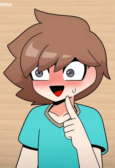 score_9, score_8_up, score_7_up,8k,(masterpiece,best quality)),best res,,good anatomy,cute,(sexy:1.3),ultra cute,,face,hot,female,smiling,extremely detailed face,4k,happy, upper body,,detailed eyes,beautiful,smiling,,cute,very cute,, ,blushing,upper body,tall,arms,, solo, blush, perfect lighting, hips, skinny,,,blushing,smiling,tall female,steve, solo, smile, open mouth, short hair, shirt, brown hair, 1boy, collarbone, upper body, male focus, :d, artist name, grey eyes, blue shirt, portrait, t-shirt, index finger raised, meme, wide-eyed, green shirt, brick wall, aqua shirt, wooden wall, hand up, black eyes, english text, watermark, 1other, brown background