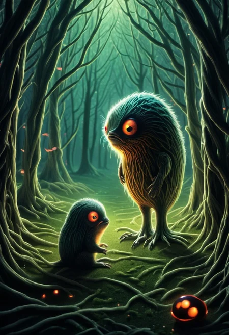 two Strange little creatures talk to each other in a magical clearing