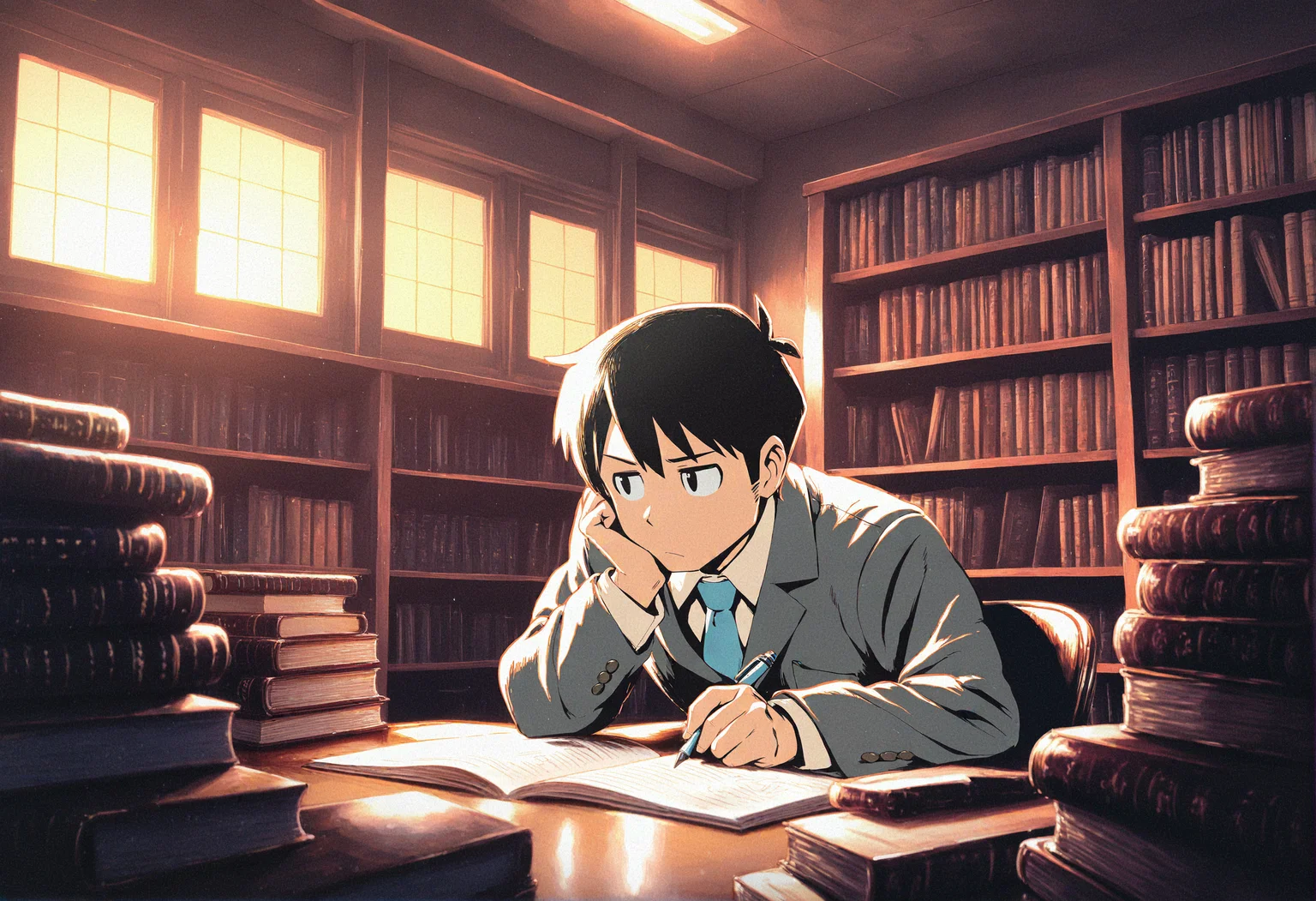 masterpiece, best quality, newest, absurdres, highres, very awa, 1boy, male, male focus, takasaki manabu, black eyes, collared shirt, grey jacket, blue necktie, studying, book, holding pen, head rest, library, bored, light rays, late afternoon, sunset, detailed background, scenery, vintage atmosphere, noir style, soft rim lighting, high contrast, sepia tones, contemplative expression, traditional ink drawing