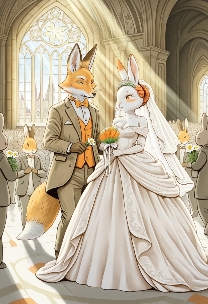 Bpstyle, 1girl, 1man, (1man, rabbit male wearing suit and bowtie, white fur), (1girl, female fox wearing bride gown and holding flowers, orange and white fur, updo), indoors, cathedral, interspecies crowd attending, sun rays through colored windows,