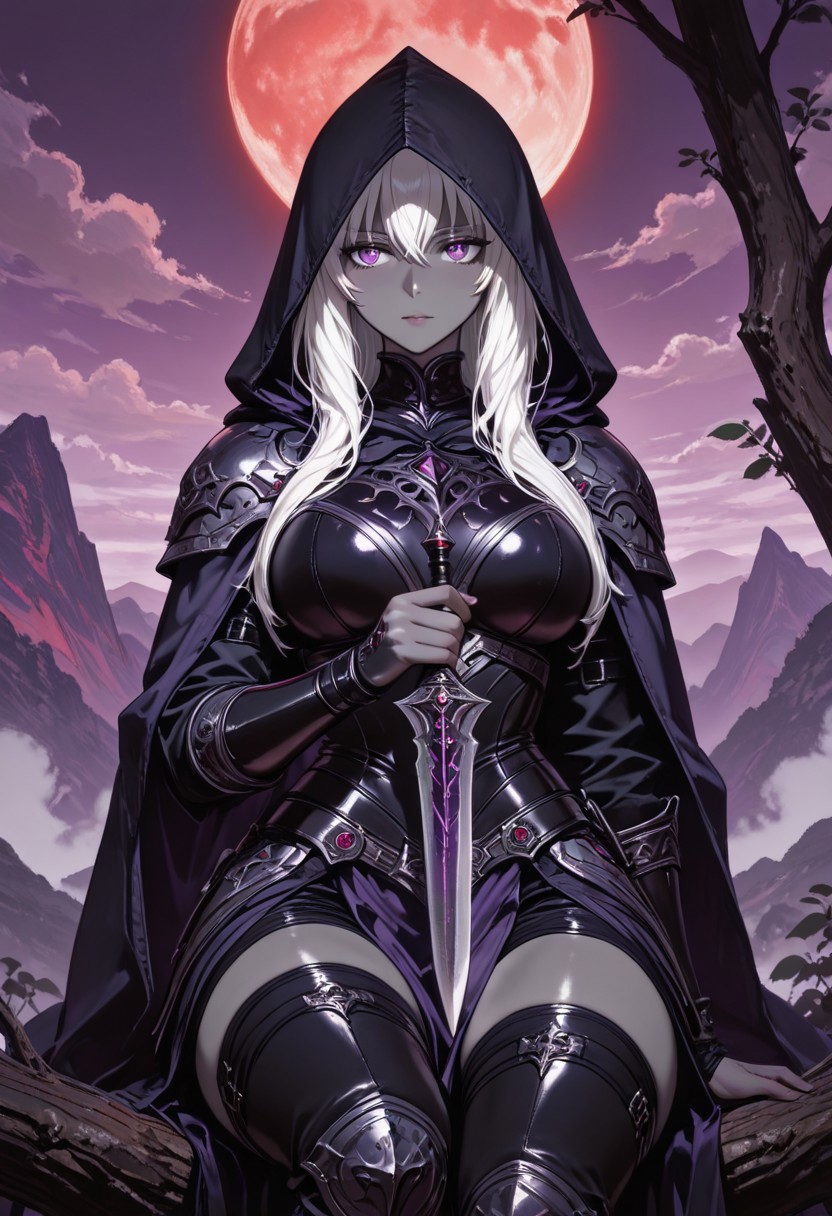 masterpiece, best quality,high quality, newest, highres,8K,HDR,absurdres, 1girl,dark_elf, grey skin, white hair, holding a dagger, violet eyes, raven themed armor, raven hood, medival fantasy armor, armored dress, intricate armor, long hair, mist, fog, red moon, purple sky, landscape, dynamic angle, cowboy shot, sitting on branch, mountainous horizon, detailed backgroud,foreshortening,blurry edges <lora:iLLMythG0thicL1nes:1> G0thicL1nes