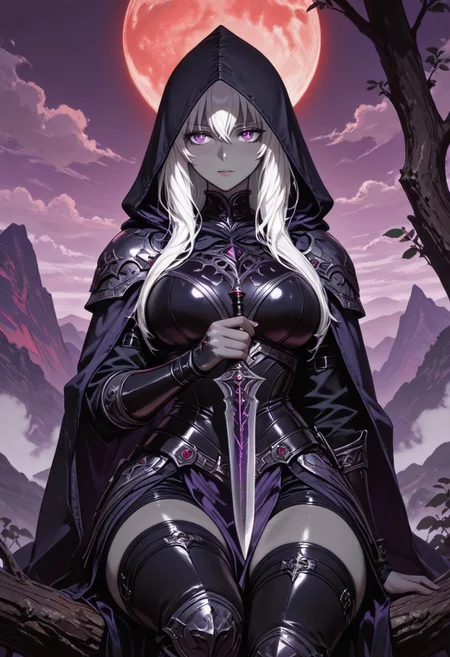 masterpiece, best quality,high quality, newest, highres,8K,HDR,absurdres, 1girl,dark_elf, grey skin, white hair, holding a dagger, violet eyes, raven themed armor, raven hood, medival fantasy armor, armored dress, intricate armor, long hair, mist, fog, red moon, purple sky, landscape, dynamic angle, cowboy shot, sitting on branch, mountainous horizon, detailed backgroud,foreshortening,blurry edges <lora:iLLMythG0thicL1nes:1> G0thicL1nes