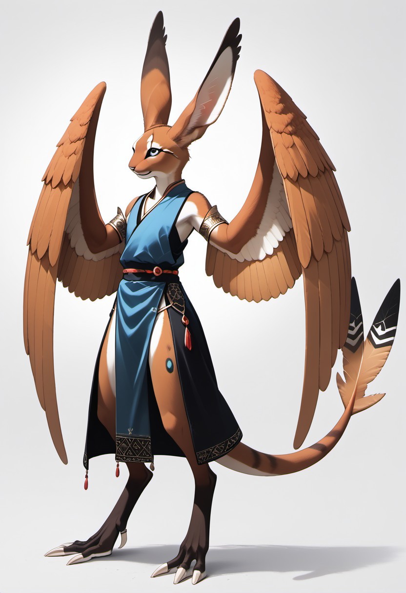 1person, Palagiri, anthro, feline features, feline nose, large ears, ((wings)), ((armless)), perfect wings,
3/4 view, perfect face, ((prehensile toes, long toes)), ((feathers-tipped tail, fanned tail-tip, tapering-tip tail)),
digitigrade legs, pelvic curtain tunic,
Source: anime, score: 9, score: 8up,