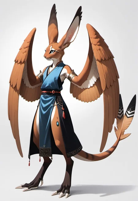 1person, Palagiri, anthro, feline features, feline nose, large ears, ((wings)), ((armless)), perfect wings,
3/4 view, perfect face, ((prehensile toes, long toes)), ((feathers-tipped tail, fanned tail-tip, tapering-tip tail)),
digitigrade legs, pelvic curtain tunic,
Source: anime, score: 9, score: 8up,