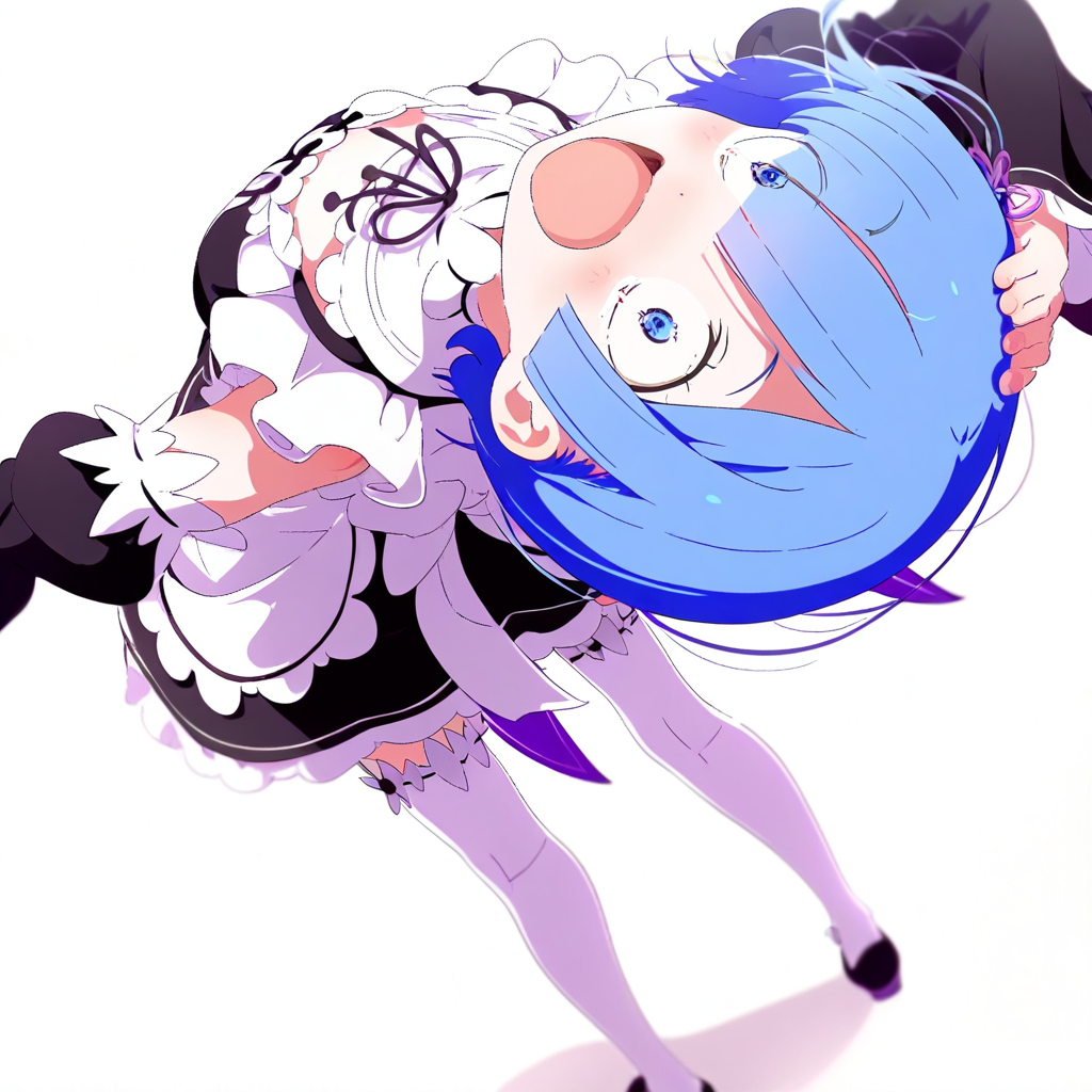 great quality,1girl,solo,, (almic,akakura,ogipote:0.9),(sincos:0.7) ,dynamic pose,dynamic angle,,(arched back, leaning back:1.15),hand on head,face close-up, (wide-eyed,upturned eyes:1.2),,upside-dewn face,laughing, foreshortening , ,rem (re:zero), blue hair,short hair,white headwear,maid, full body, legs,white thighhighs