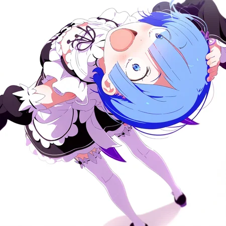 great quality,1girl,solo,, (almic,akakura,ogipote:0.9),(sincos:0.7) ,dynamic pose,dynamic angle,,(arched back, leaning back:1.15),hand on head,face close-up, (wide-eyed,upturned eyes:1.2),,upside-dewn face,laughing, foreshortening , ,rem (re:zero), blue hair,short hair,white headwear,maid, full body, legs,white thighhighs